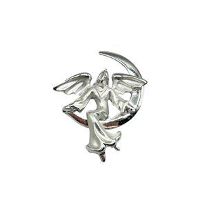Silver Angel On Crescent Moon Brooch Pin Signed Giusti Gigi Guardian Angel Pin